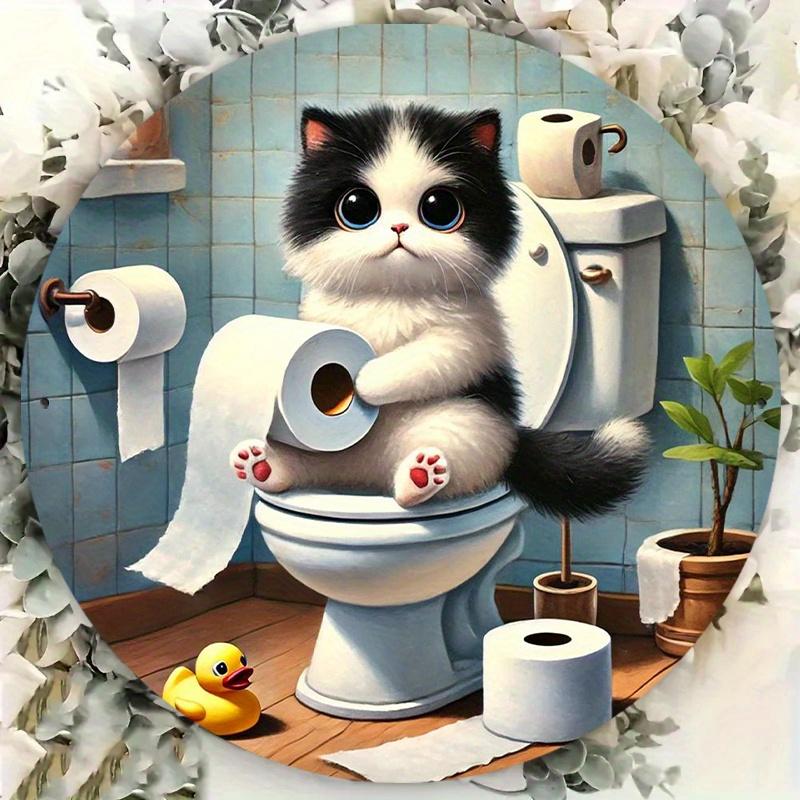 Funny Black and White Cat on Toilet with Toilet Paper Round Metal Sign D Flat Printed Cute Bathroom Art Tin Plaque Whimsical