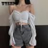 Шифоновая блузка, сексуальный короткий топ с открытыми плечами и длинными рукавами на шнурке, французский топ с v-образным вырезом и высокой талией, укороченная рубашка с пупком, однотонные модные топы Y2k