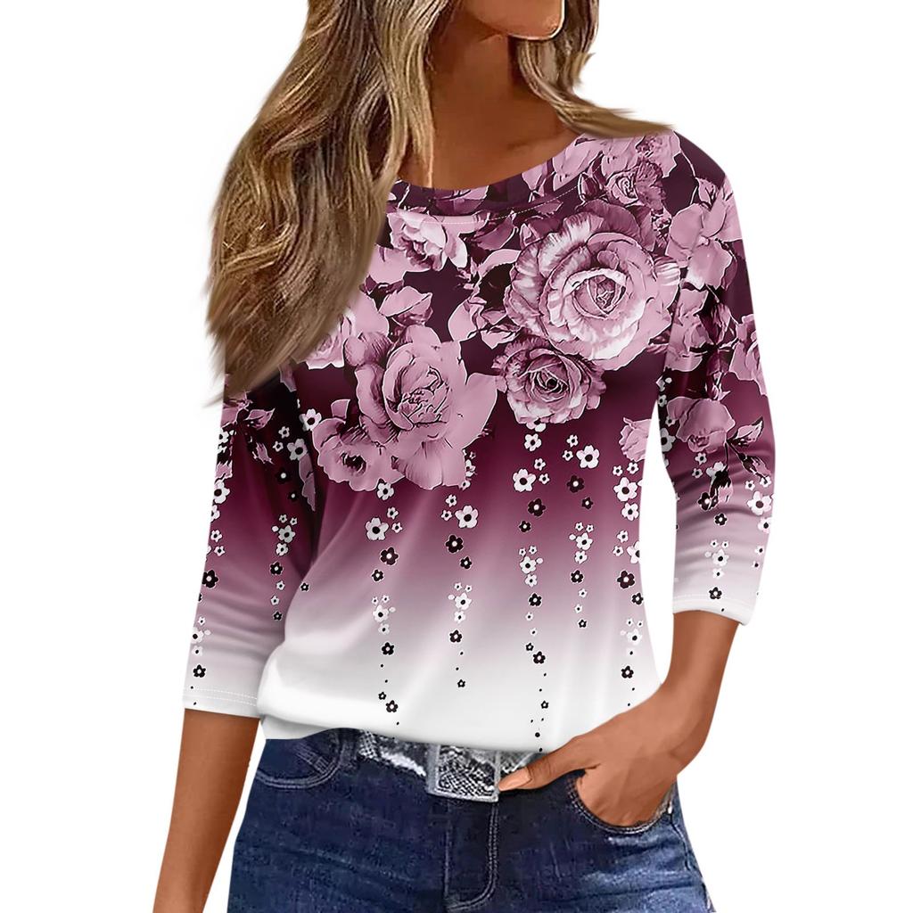 Женская модная повседневная свободная футболка с круглым вырезом и рукавами 3/4 с принтом, женский топ