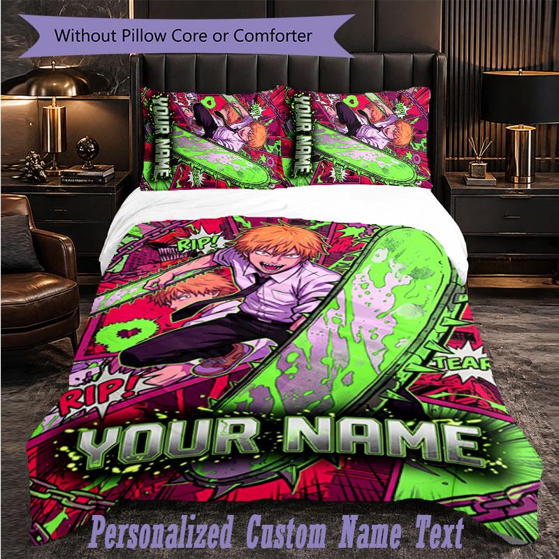 Personalized 3Pcs Bedding SetChainsaw Man Custom Text Duvet Cover Pillowcase Set Bedroom Gift