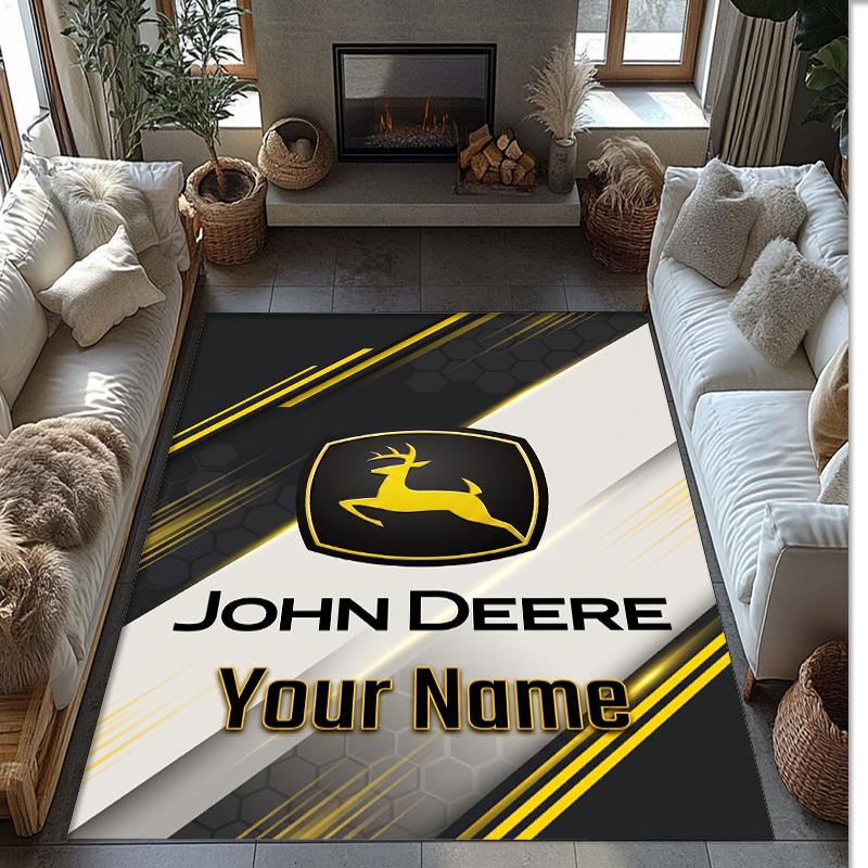 John Deere Crystal Velvet Rug, Custom Name Text Personalized Non‑Slip Floor Mat for Home Decor Gift