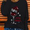 's Black Christmas Wine Glass & Santa Hat Print Sweater - Sparkling Snowflake & Candy Cane Pattern Long Sleeve Top