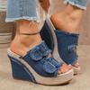 Fashion Women's Denim Platform Flip-Flops Summer New Round Toe Open Toe Metal Belt Buckle Slide-Proof Heels