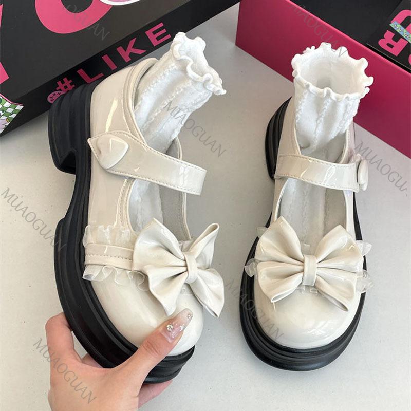 Модные милые туфли Мэри Джейн из кожи с круглым носком и бантом, универсальные туфли на толстой подошве для JK-униформы и Лолиты для женщин, повседневные лоферы на толстом каблуке