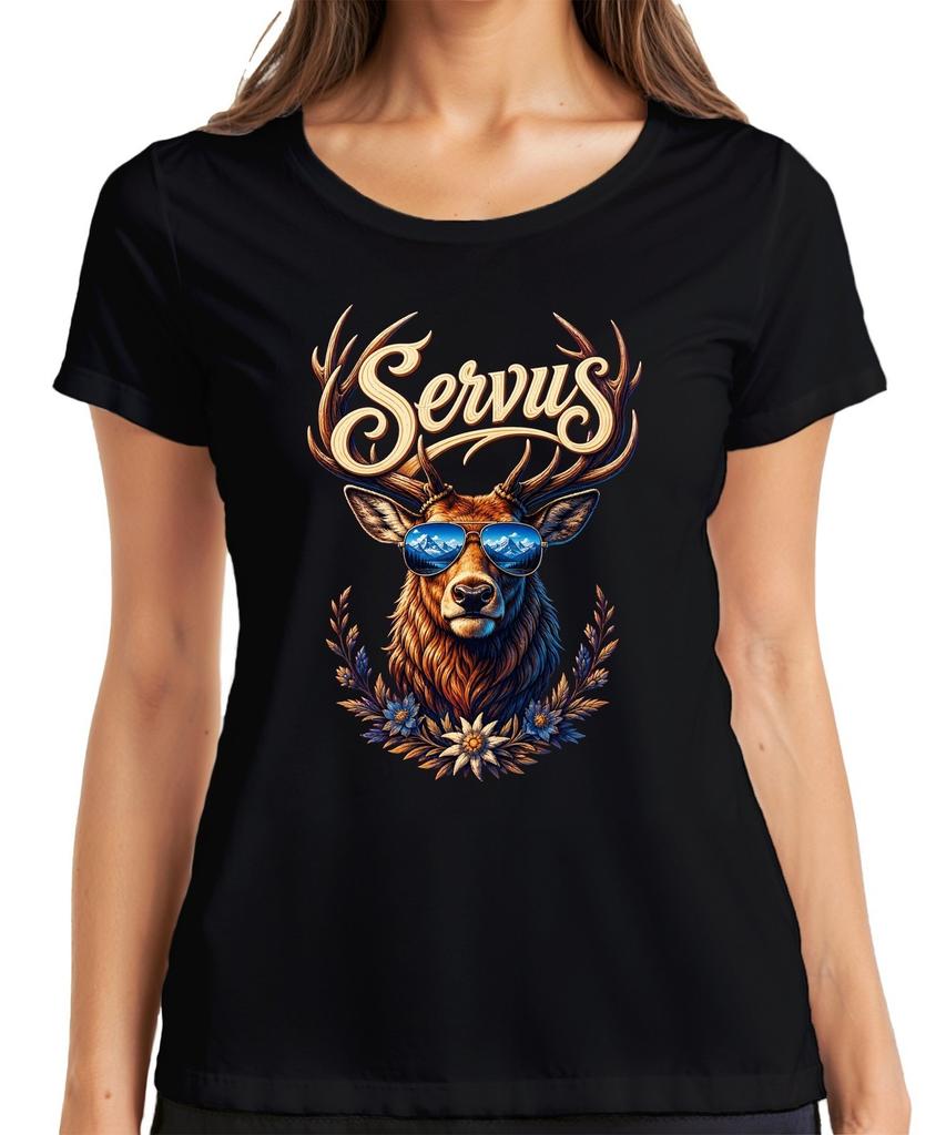 Servus Deer Antler Sunglasses Edelweiss Alpine Lederhosen Dirndl Women's T-Shirt