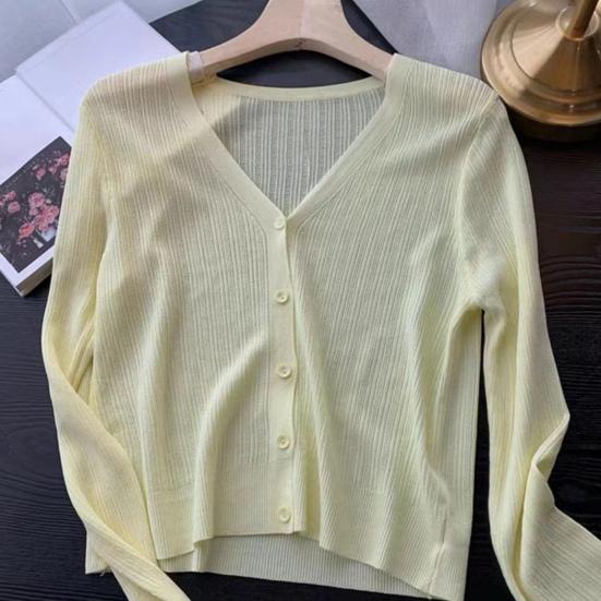 Женский кардиган Yousheng Sun Knit с длинным рукавом и V-образным вырезом на пуговицах, тонкое шелковое пальто, летний ребристый укороченный топ для активного отдыха, путешествий, работы, пляжа