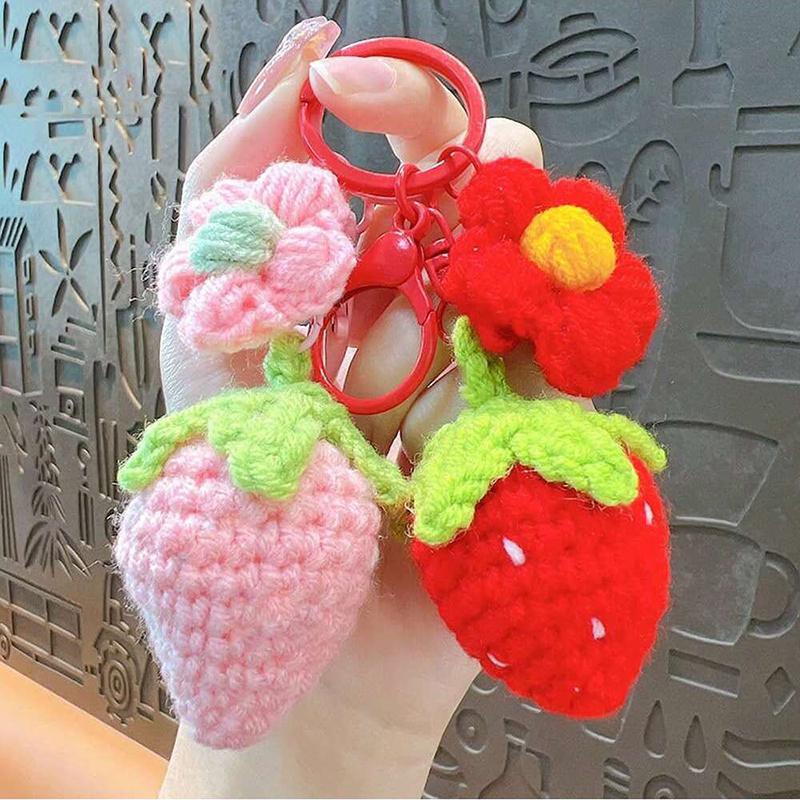 Cute Hand Woven Woolen Strawberry Flower Car Key Jewelry Pendant Women's Bag Decoration for Girls Gift Bag Charm