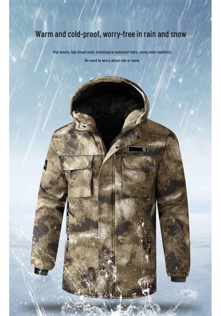 Men's Winter Camouflage Waterproof Cotton Coat, Mid-Length, Velvet Lined, Thickened for Cold Protection, with Reflective Strips