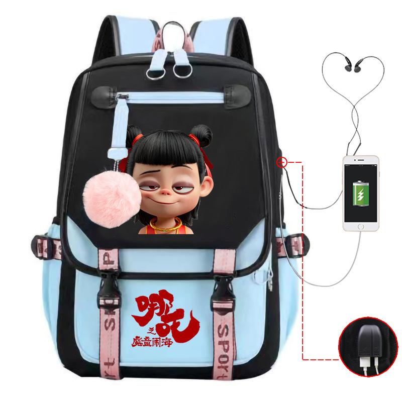 Мультяшный рюкзак Nezha многофункциональный с портом USB-зарядки для студентов