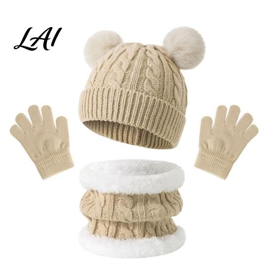 Five Finger Winter Gloves for Toddlers Kids Warm Knit Set Bear Ear Hat Fleece Lined Neck Gaiter & Weather Resistant Thermal Set Full Gloves,