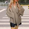 Women's Plus Size V-Neck Sweater Jacket Waist Tie Chunky Knit Cardigan