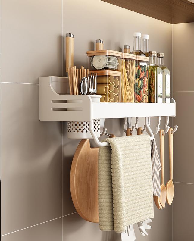 Настенные полки для хранения, алюминиевый кухонный органайзер для хранения с крючками, держатель для ножей, подставка для приправ, полка-органайзер
