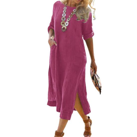 Модное платье с круглым вырезом, легкое длинное платье с разрезом и подолом, женская одежда