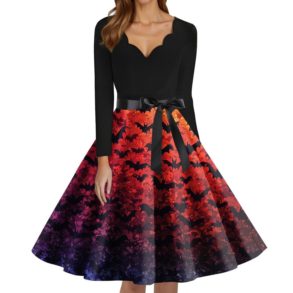 Women's Fashion V-Neck Casual Slim Fit Halloween Printed Long Sleeve Dress