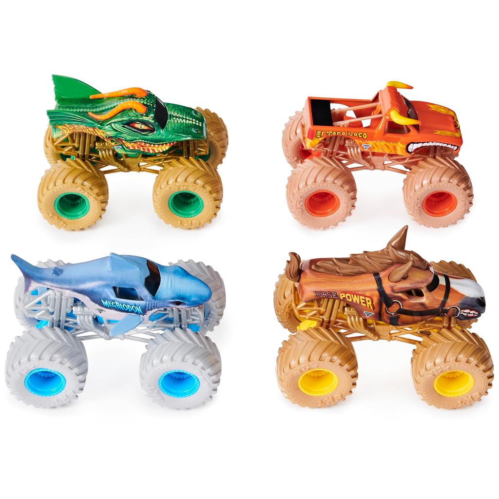Monster Jam Power Beasts Monster Truck 4-Pack (El Toro Loco, Megalodon, Dragon and Horsepower), 1:64 Scale, Kids' Toys for Boys and Girls, Ages 3+