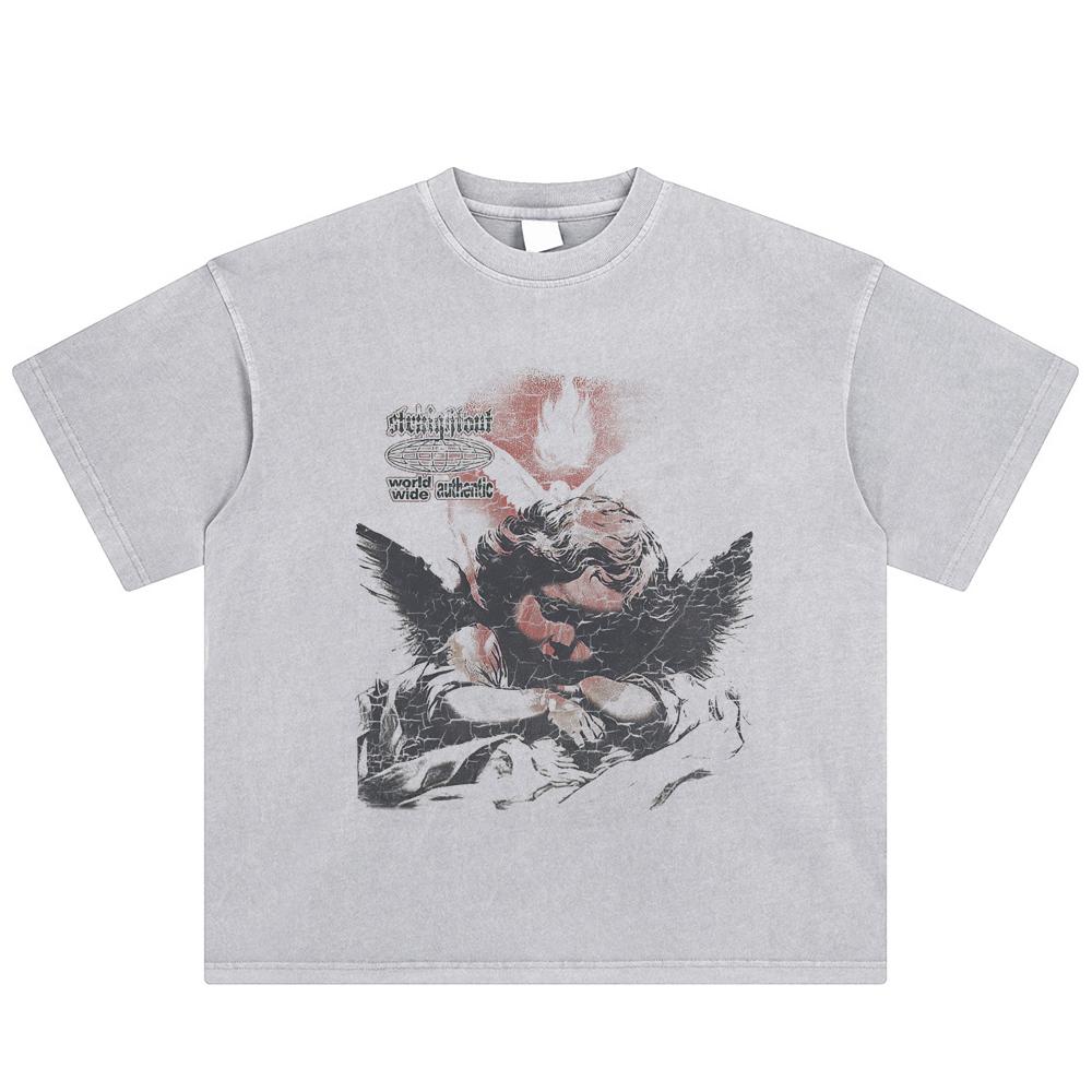 Уличная футболка с графикой ангела, хлопковая, выстиранная, унисекс, топы, футболки, летняя, с короткими рукавами