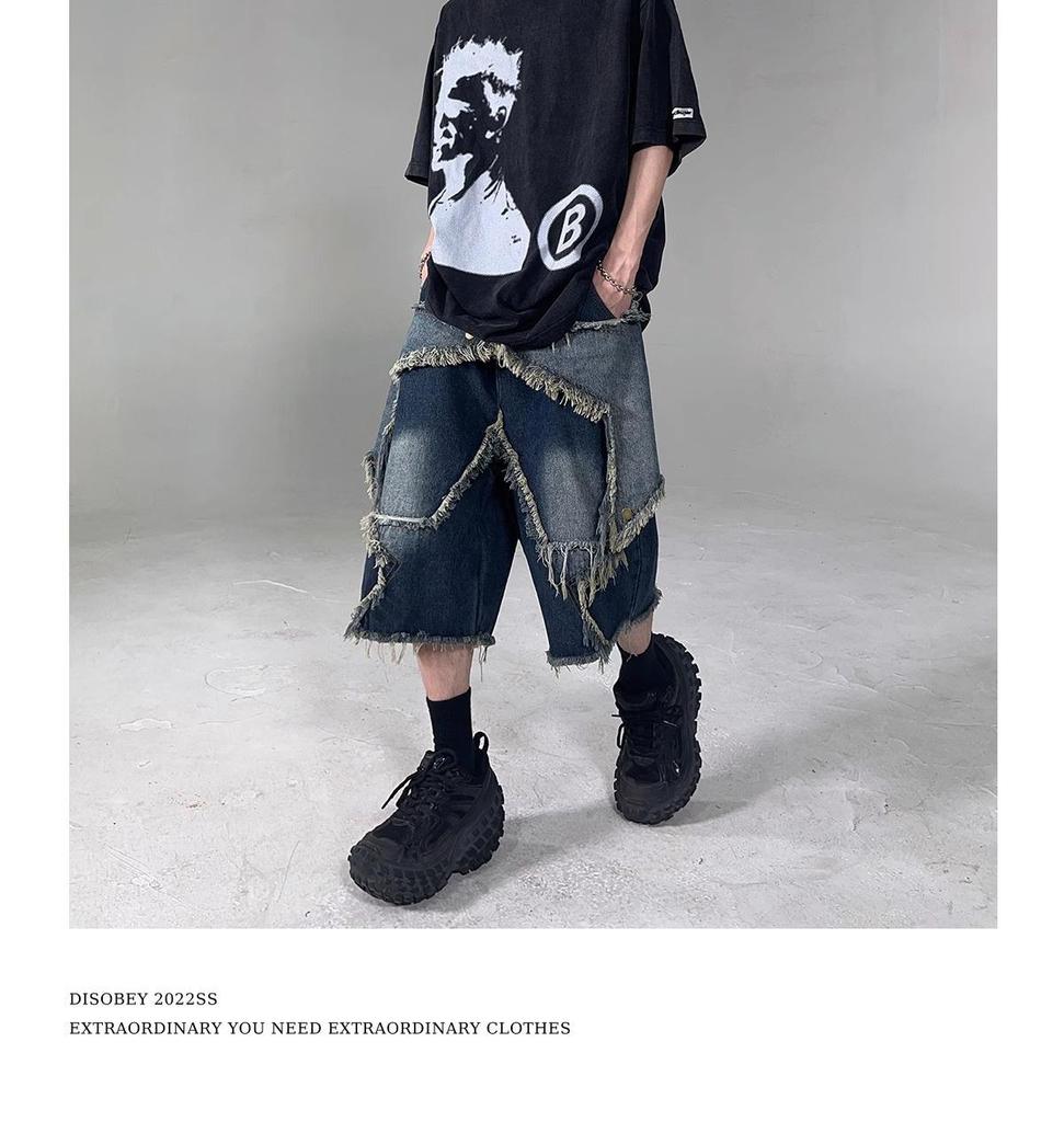 Мужские модные ретро-шорты из синего денима с необработанным краем — свободный крой, уличный стиль