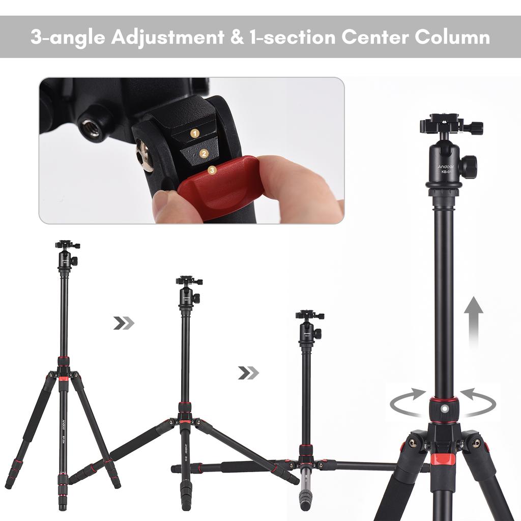 Andoer 153cm/60in Portable Camera Tripod Stand Aluminum Alloy with Detachable Monopod 360 Degrees Rotatable
