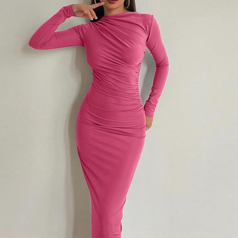 Новые женские облегающие платья с круглым вырезом и длинными рукавами, облегающие повседневные однотонные длинные платья с запахом, одежда
