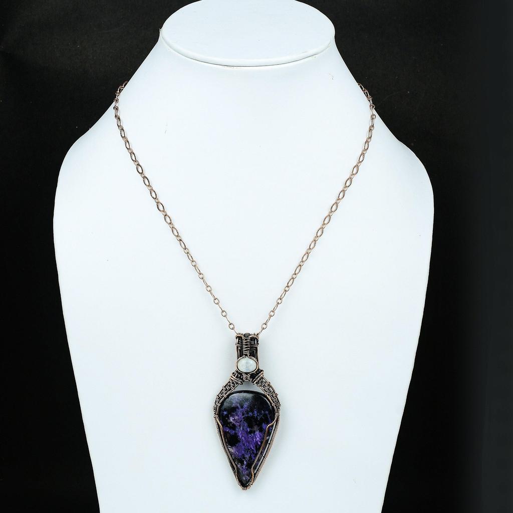 Подвеска из медной проволоки с чароитом, оригинальные ювелирные изделия из драгоценных камней, подвеска из проволочной обмотки ручной работы, ювелирное изделие из лунного камня, подарок для мамы, ювелирные изделия с чароитом