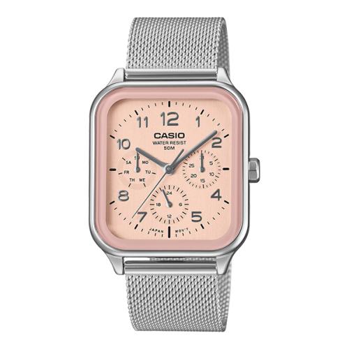 CASIO Watch Square Siver & Rose Quartz, Metal Mesh Strap, MTP-M306M-4AVDF