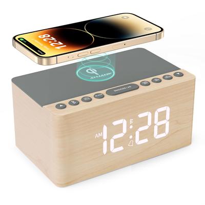 ANJANK Деревянный Будильник с Bluetooth, FM, Беспроводной Зарядкой USB, Спящим Режимом, Цифровым Светодиодным Дисплеем, Стильный Настольный Часы для или Настольной Поверхности, Динамик, Радио, Зарядное Устройство,