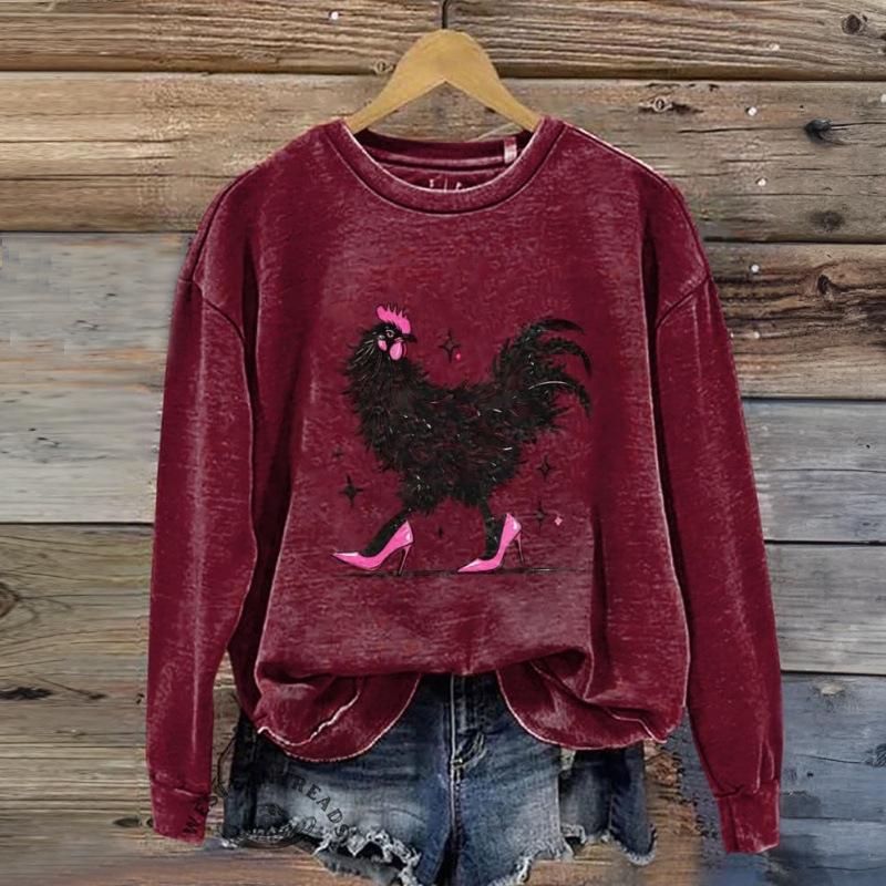2025 Hot Selling Purple-Red Abstract Hen Print Round Neck Hoodie