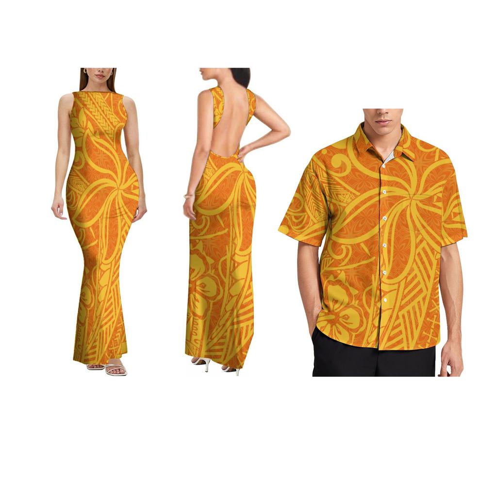 Customized Pacific Island Design Womens Sleeveless Backless Sexy Dresses and Aloha Mens Stiff Neck Shirt Sets off Couples 2pcs