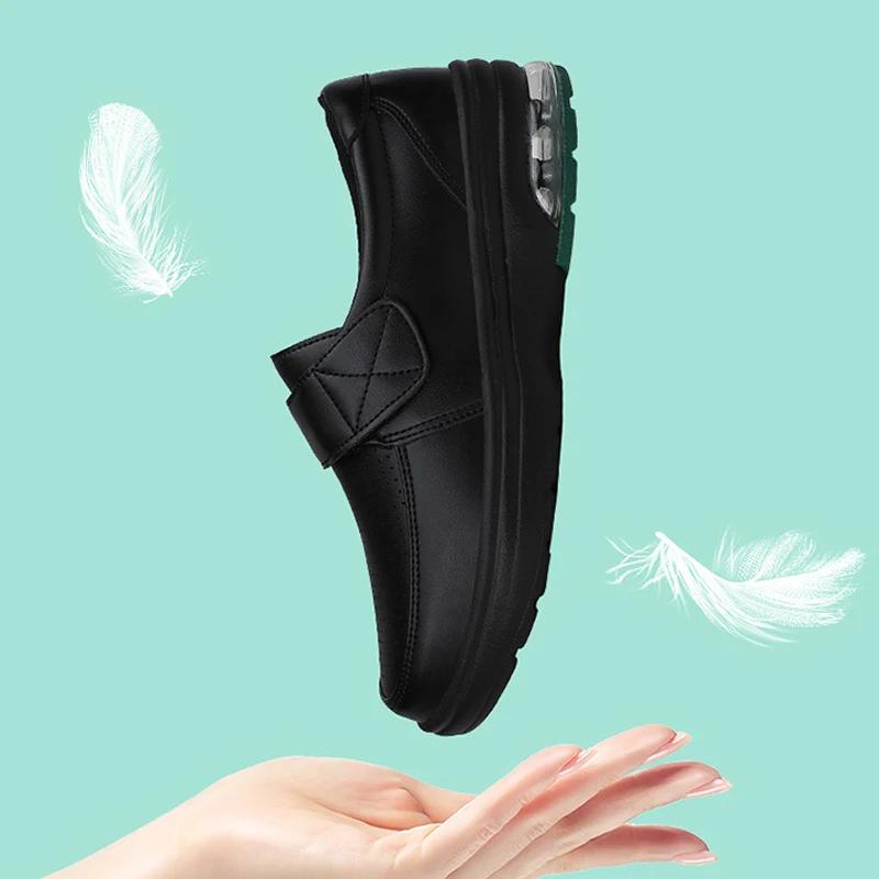 Fashion Waterproof Leather Loafers for Women Air Cushion Soft Sole White Nurse Shoe Ladies Office Magic Tape Anti-Skid Casual Work Shoes