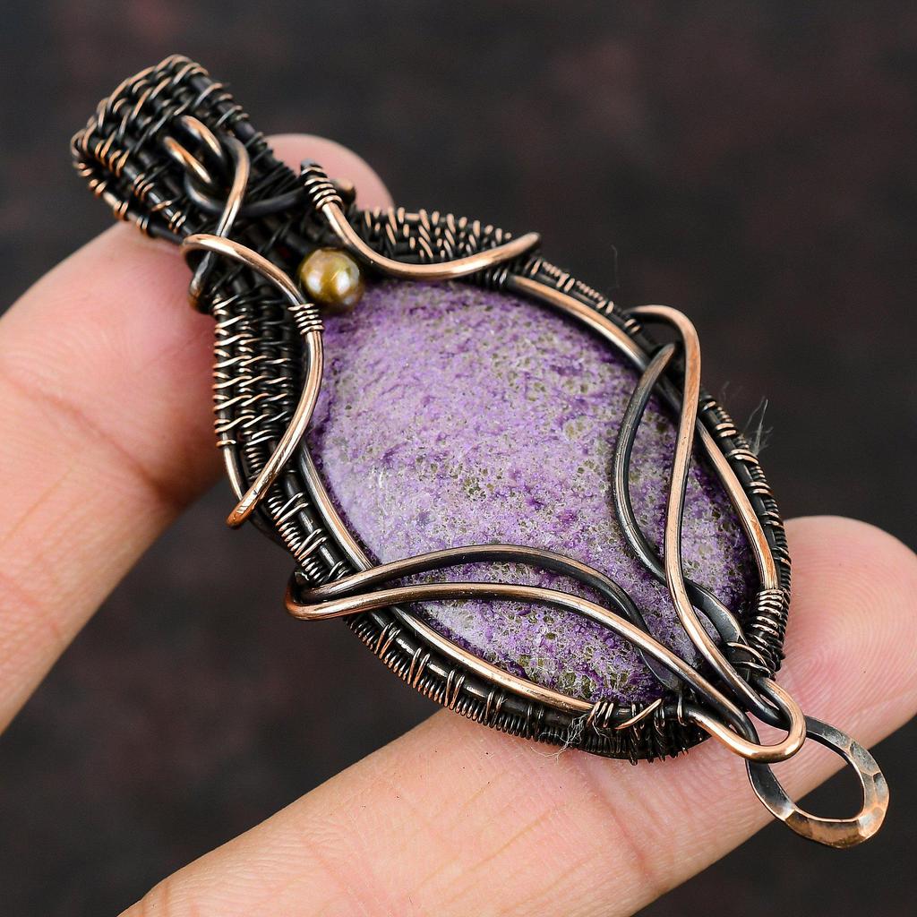 Подвеска из пурпурита, драгоценный камень, медная проволока, кулон ручной работы, кулон из проволочной обмотки, ювелирный подарок для нее, изысканное ювелирное изделие из пурпурита, подарок для мамы