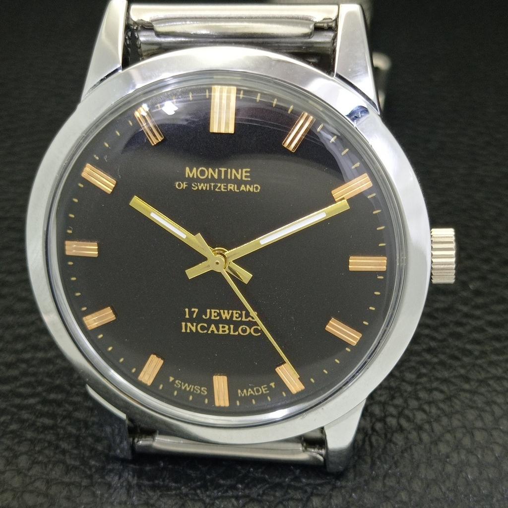 ШВЕЙЦАРСКИЕ ВИНТАЖНЫЕ МУЖСКИЕ ЧАСЫ MONTINE С РУЧНЫМ ПОДЗАВОДОМ, ВОССТАНОВЛЕННЫЕ, ЧЕРНЫЙ ЦИФЕРБЛАТ a441069-1