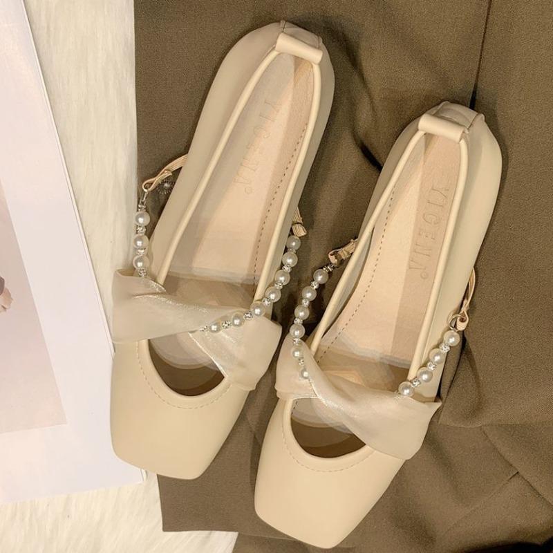 Spring New Mary Jane Shoes Square Head Shallow Mouth Lace Beaded Line with Single Shoe Flat Women's Shoes