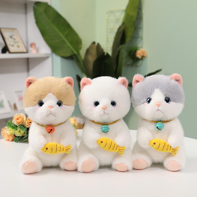 Sitting Kitten Rag Doll Children'S Bed Sleeping Soothing Throw Pillow Holding Fish Kitten Pet Plush Doll