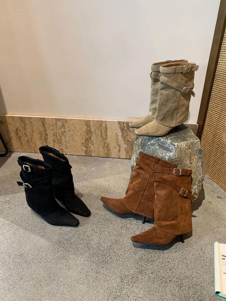 Pointed high-heeled trouser boots autumn new temperament medium boots suede leather buckle women's boots