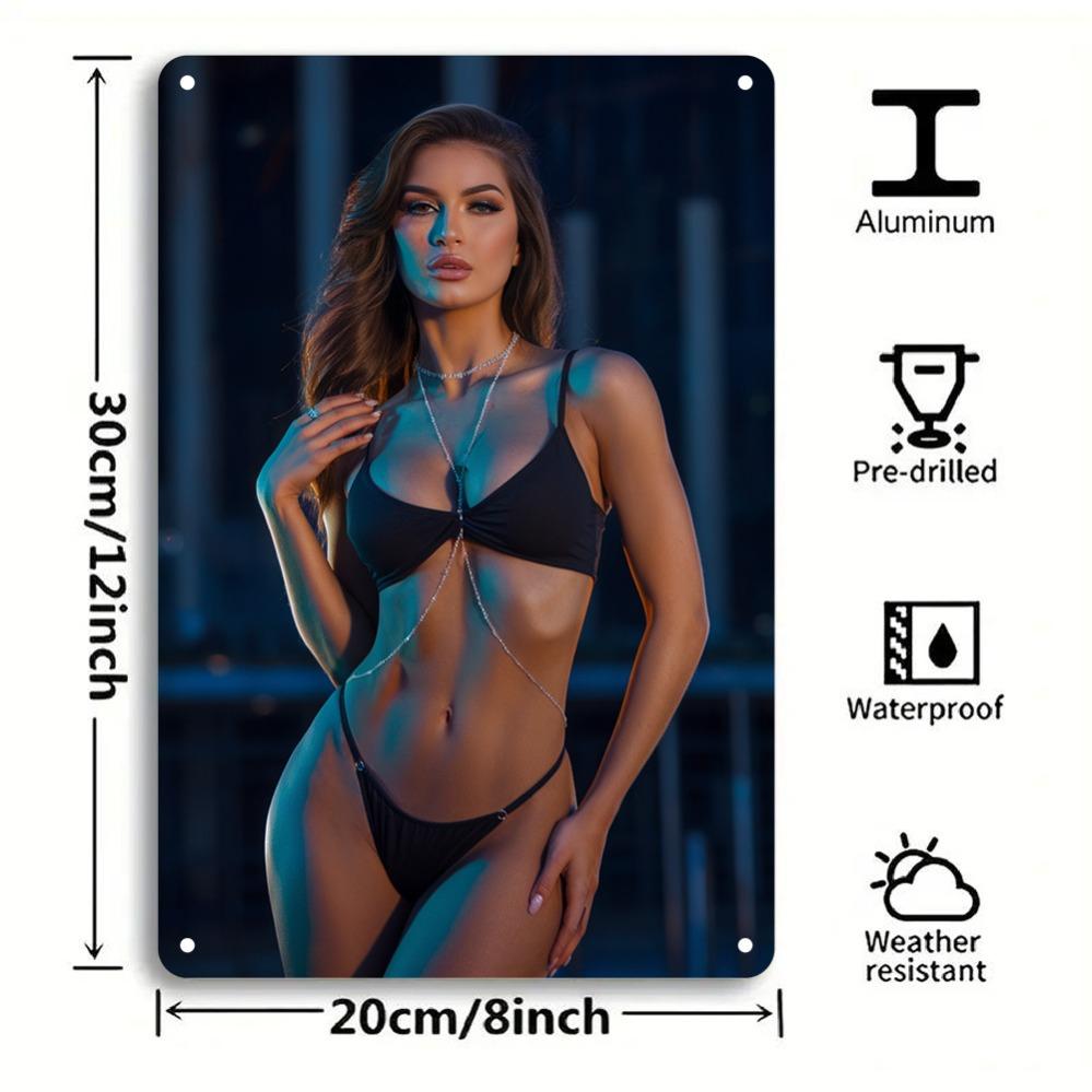 Винтажная алюминиевая художественная табличка 8x12 дюймов - Элегантная леди в черном бикини с деталями в виде цепей, Легкий в установке прочный настенный декор для Хо