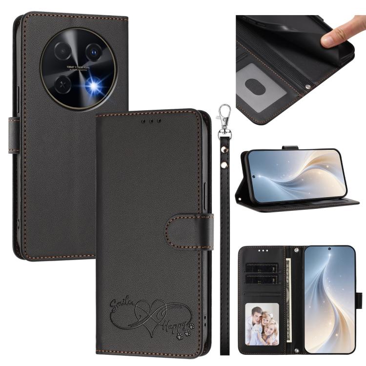 Happy Heart Pattern Magnetic Closure Vegan Leather Phone Case with Wrist Strap For Huawei Mate 60