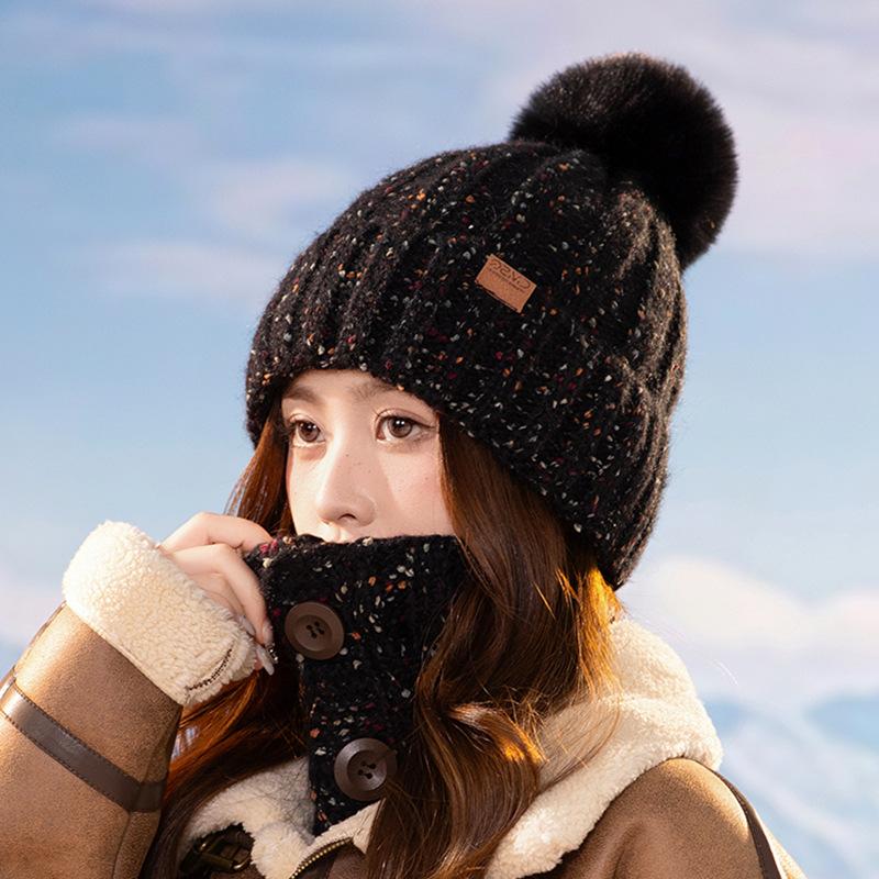Winter Women Knitted Hat Scarf Set Thickened Fleece Lining Skullcap Outdoor Cycling Warm Wind Protection Beanies