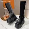 Женские высокие сапоги на платформе, модные туфли на высоком каблуке с пряжкой, 2025, трендовые кожаные зимние дизайнерские туфли до колена для мотоциклистов Botas De Mujer