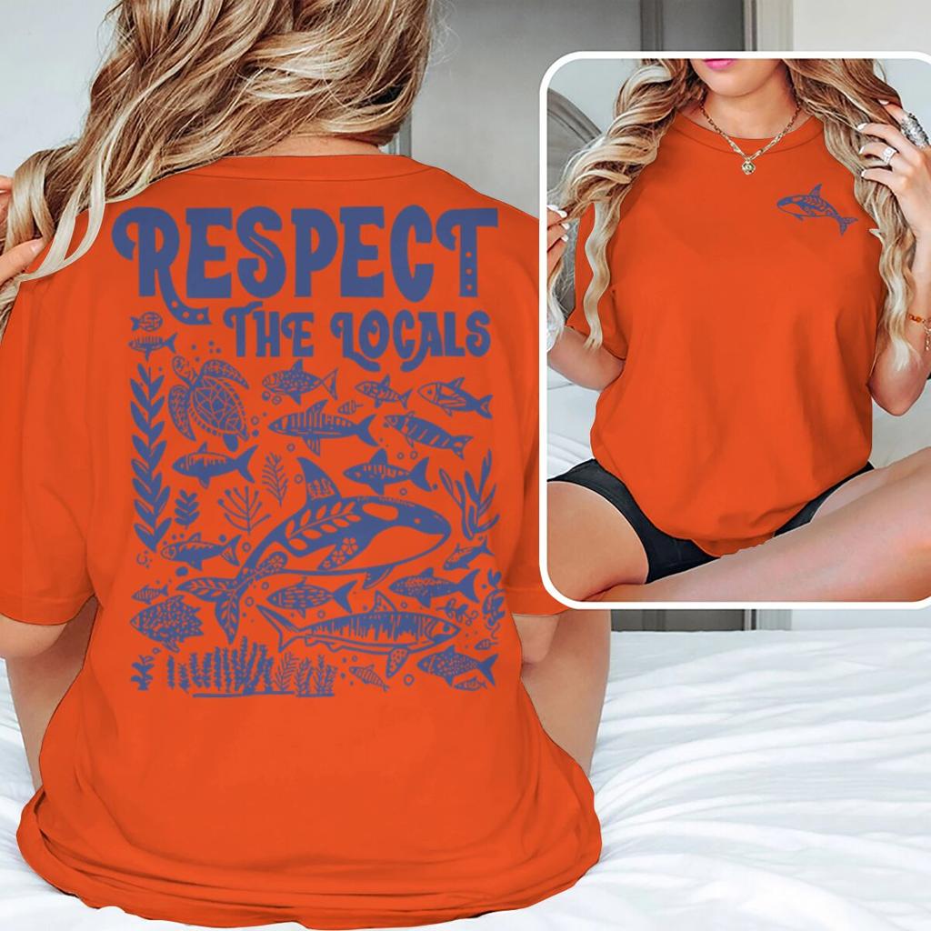 Ocean Animal Vintage Print T Shirt "Respect The Locals" Ocean Beach Series T-Shirts Unisex Unisex Short Sleeve Summer Vibes Tshirts