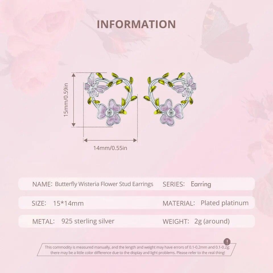 Серьги-гвоздики Bamoer из стерлингового серебра 925 пробы с цветком глицинии и бабочкой, серьги-гвоздики с сердцем и виноградной лозой для женщин и девочек, романтические изящные ювелирные изделия