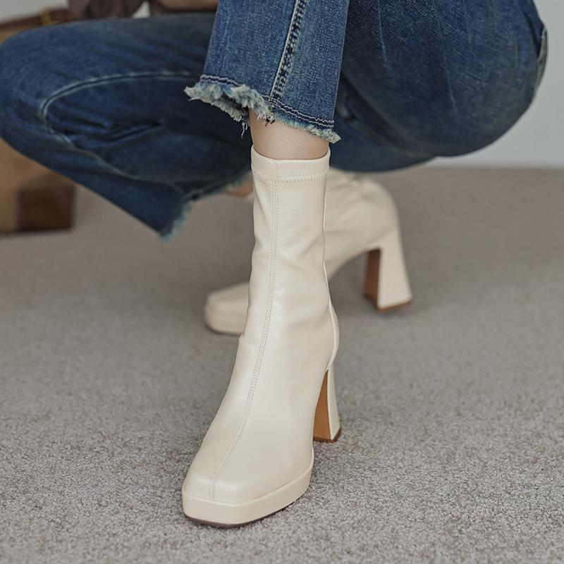 Krazing Pot Microfiber Autumn Winter Shoes Thick High Heels Platform Boots Square Toe Keep Warm Zipper Ankle Boots