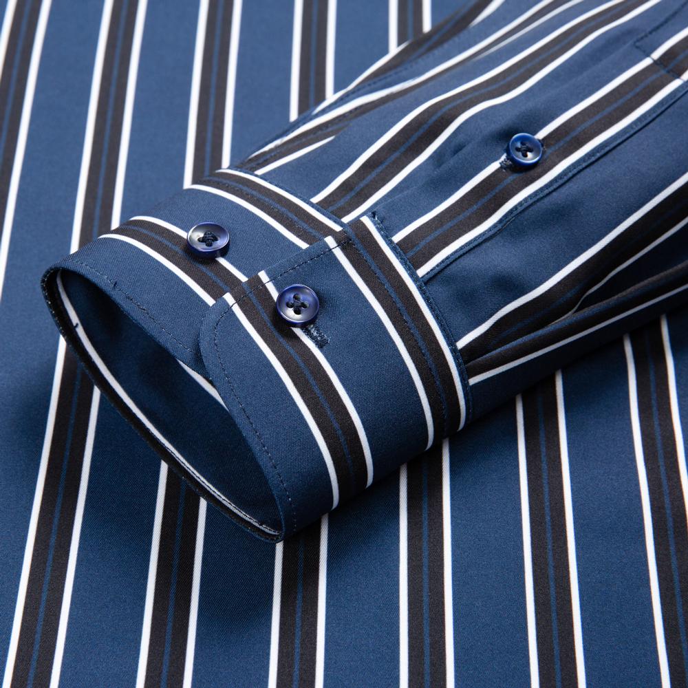 Mens 4-Way Stretch Collared Wrinkle-Free Button-Down Shirts, Business Casual Long Sleeve Silky Sheen Looking Striped Dress Shirt