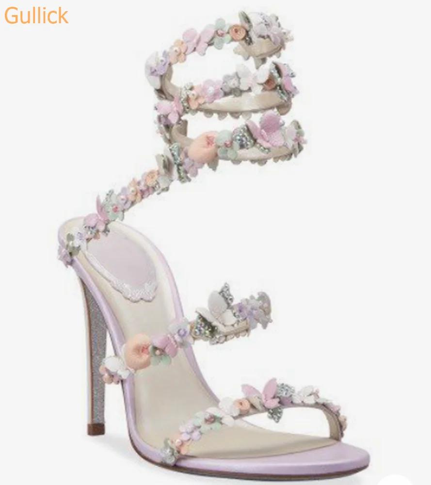 Fashion Butterfly Flower Crystal Ankle Wrap Sandals Bling Bling Flower Stiletto Heels Shoes Pointed Toe Women Newest Modern Sandals