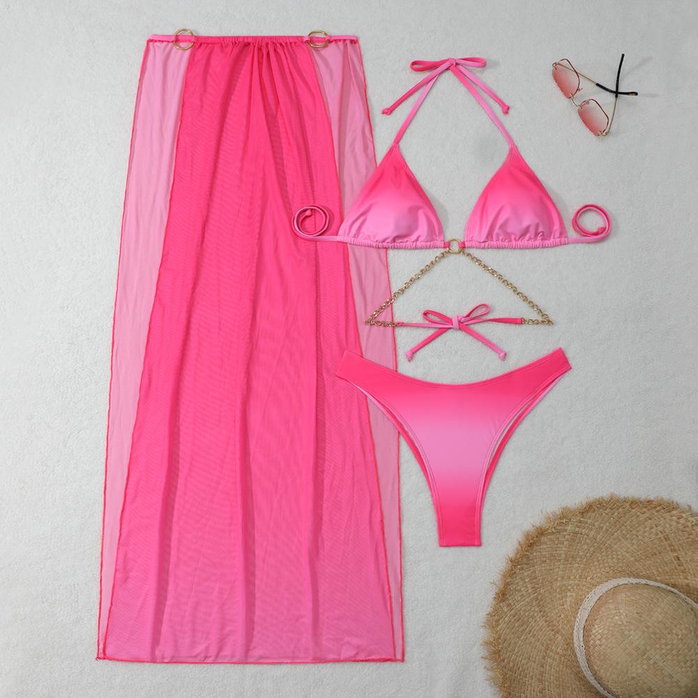 Sexy with Cover Up Gradient Halter Bikini 3PCS Female Swimsuit Women Swimwear Three-pieces Bikini Set Bather Bathing Suit Swim