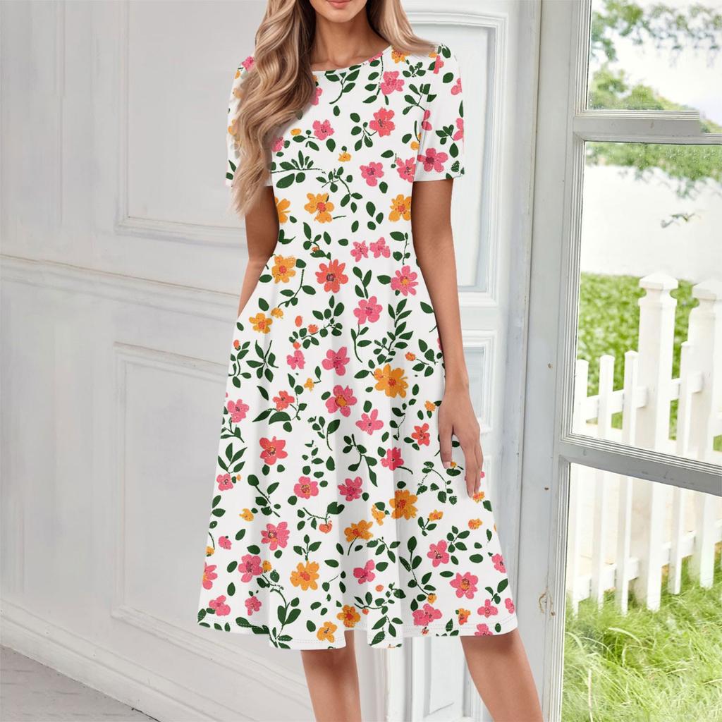 Женское повседневное модное платье миди с круглым вырезом и коротким рукавом с цветочным принтом