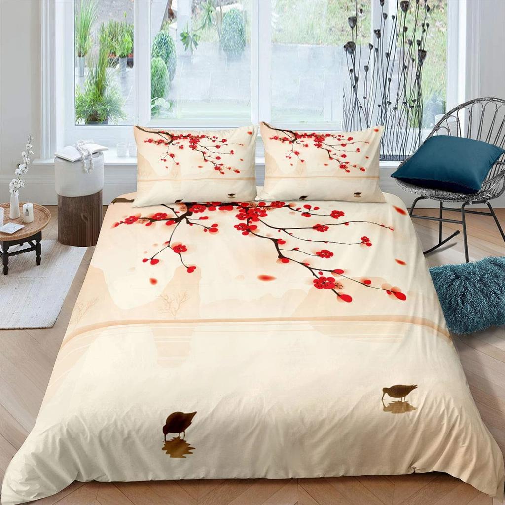 Plum Blossom Duvet Cover Set Red Flower Floral Comforter Cover For Girls Teens Microfiber Butterfly Branches Printed Bedding Set