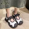 Casual Round Head Mid Heel Thick Bottom Mary Jane Women Shoes 2024 New Fashion Simple Hollow Out Large Size Shoes Summer