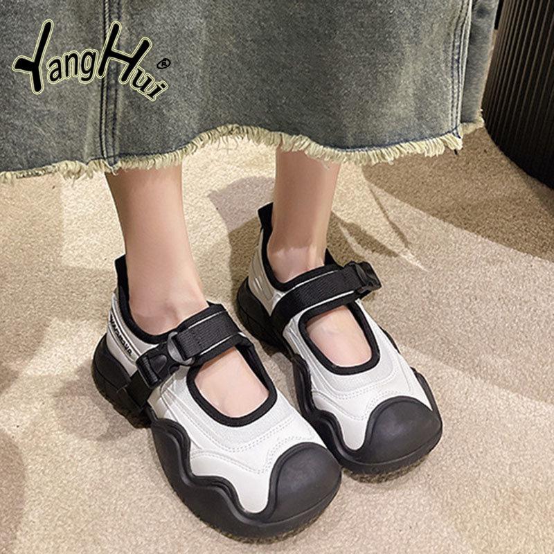 Casual Round Head Mid Heel Thick Bottom Mary Jane Women Shoes 2024 New Fashion Simple Hollow Out Large Size Shoes Summer