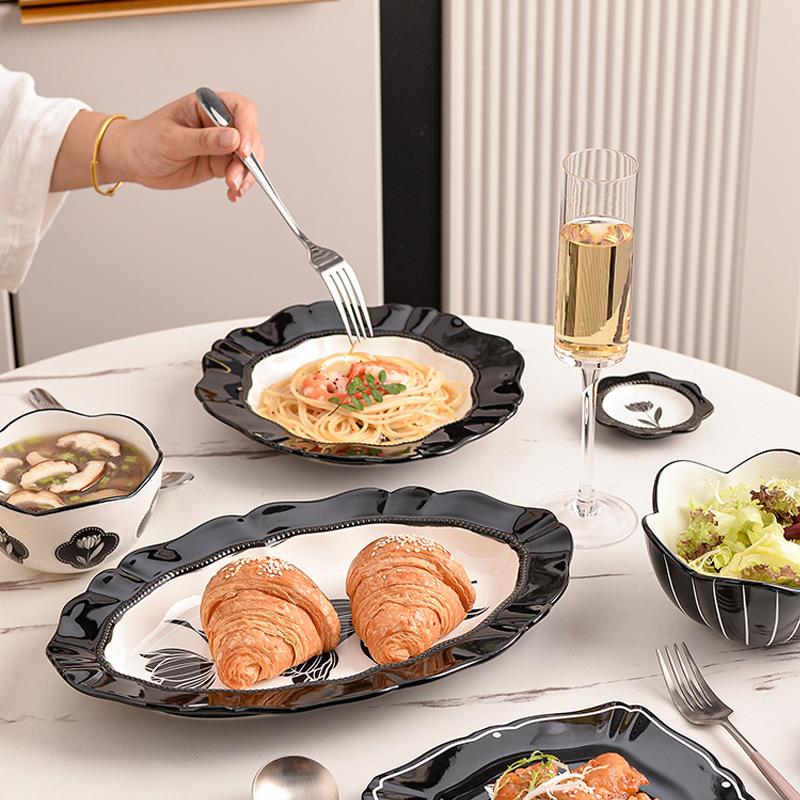 Vintage Tulip Ceramic Tableware, Bowls, Plates, and Household High-end Black and White Series Tableware