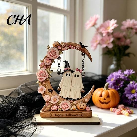 Desktop Halloween Decorations Moon Swing Ghost Figurine, Reading on with Floral Tiered Tray Decor Pumpkin Accents, Wooden Bookshelf for Desk